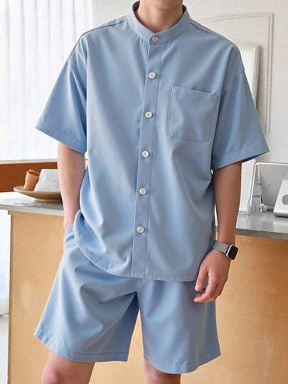 SHEIN 青少年男孩休閒舒適純色短袖T恤和短褲套裝