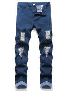 Manfinity Homme 大码男士口袋破洞紧身休闲牛仔裤，百搭 - 深色水洗藍 - 查看 2