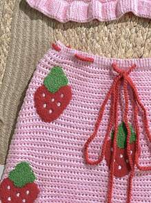 Swim Mod 2 件套女士草莓印花露背系带比基尼上衣和裙子套装（含罩衫）