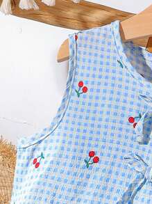 Elladie kids 女童无袖格子碎花蝴蝶结背心和裤子两件套，甜美可爱的夏季服装套装 - 淺藍色 - 查看 6