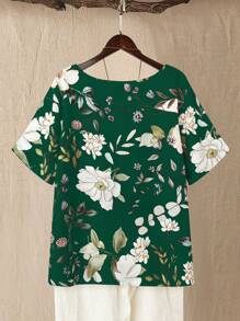 Linhara Plus Size Women Floral Pattern Round Neck Short Sleeve Front Button Decor Casual Comfy Top - Multicolor - View 2