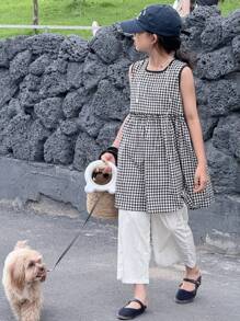 DAZY 2 件套青少年女童格子圆领无袖上衣和裤子套装，秋季时尚，返校服装 - 黑與白 - 查看 6