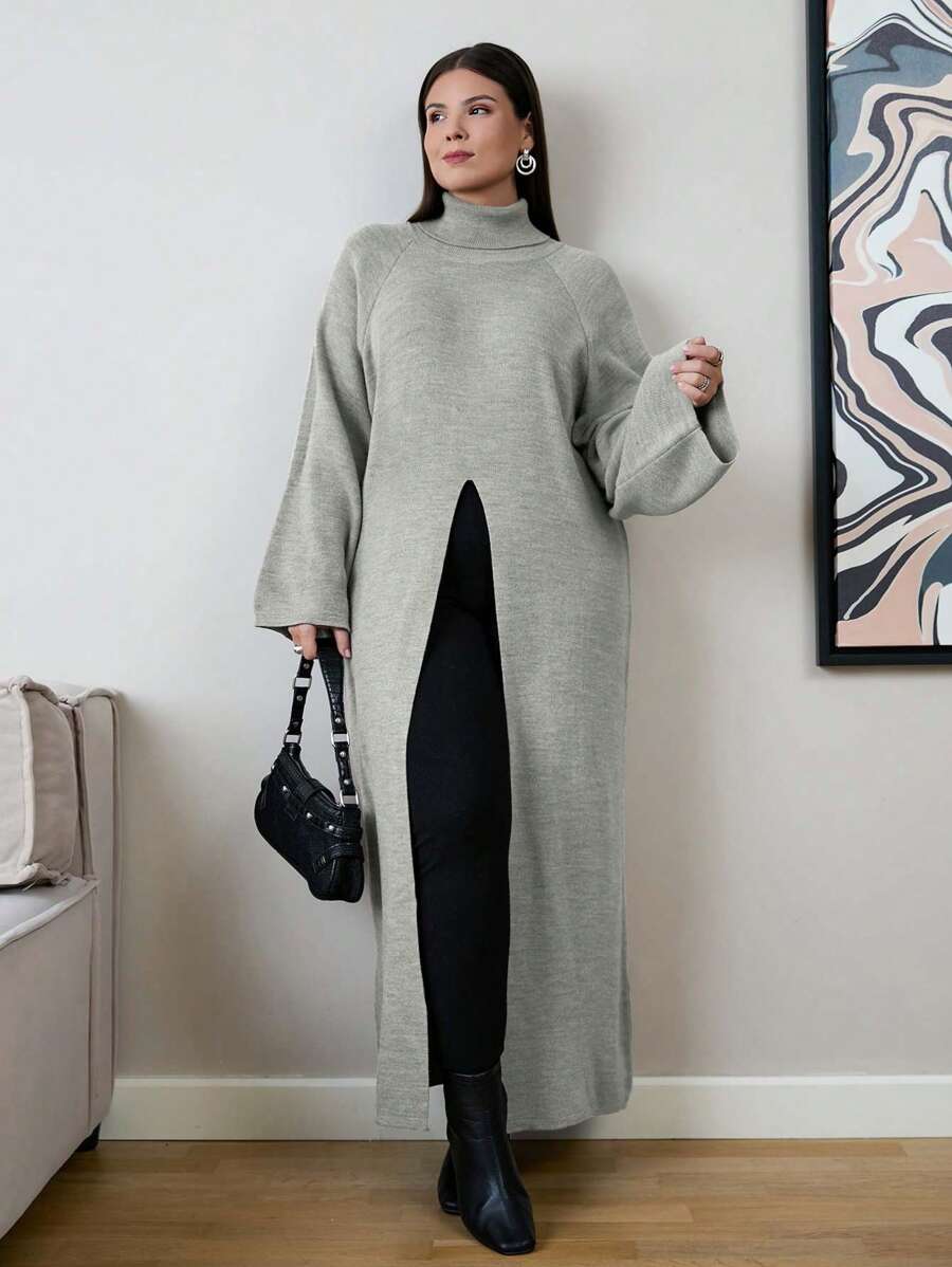 EURMUSE Suéter largo de cuello alto y manga raglán de color liso para mujer de talla grande - Beis - Ver 1