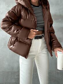 EURMUSE Women Solid Color Long Sleeve Zipper Collar Hoodie Jacket, Winter - Chocolate Brown - View 4