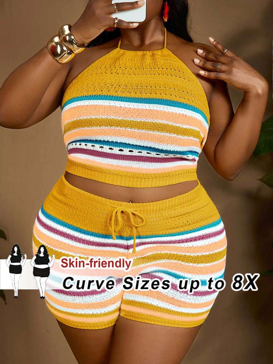SHEIN CURVE+ 加大码度假休闲彩色条纹露背针织上衣和短裤套装，曲线加大，波西米亚度假风 - 彩色 - 查看 1