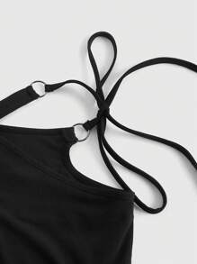 ROMWE Grunge Punk Y2K 深色功能性镂空肩带可调节系带女式短裤 - 黑色 - 查看 8