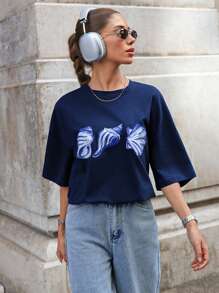 SHEIN Camisetas de manga corta con estampado detallado para mujer