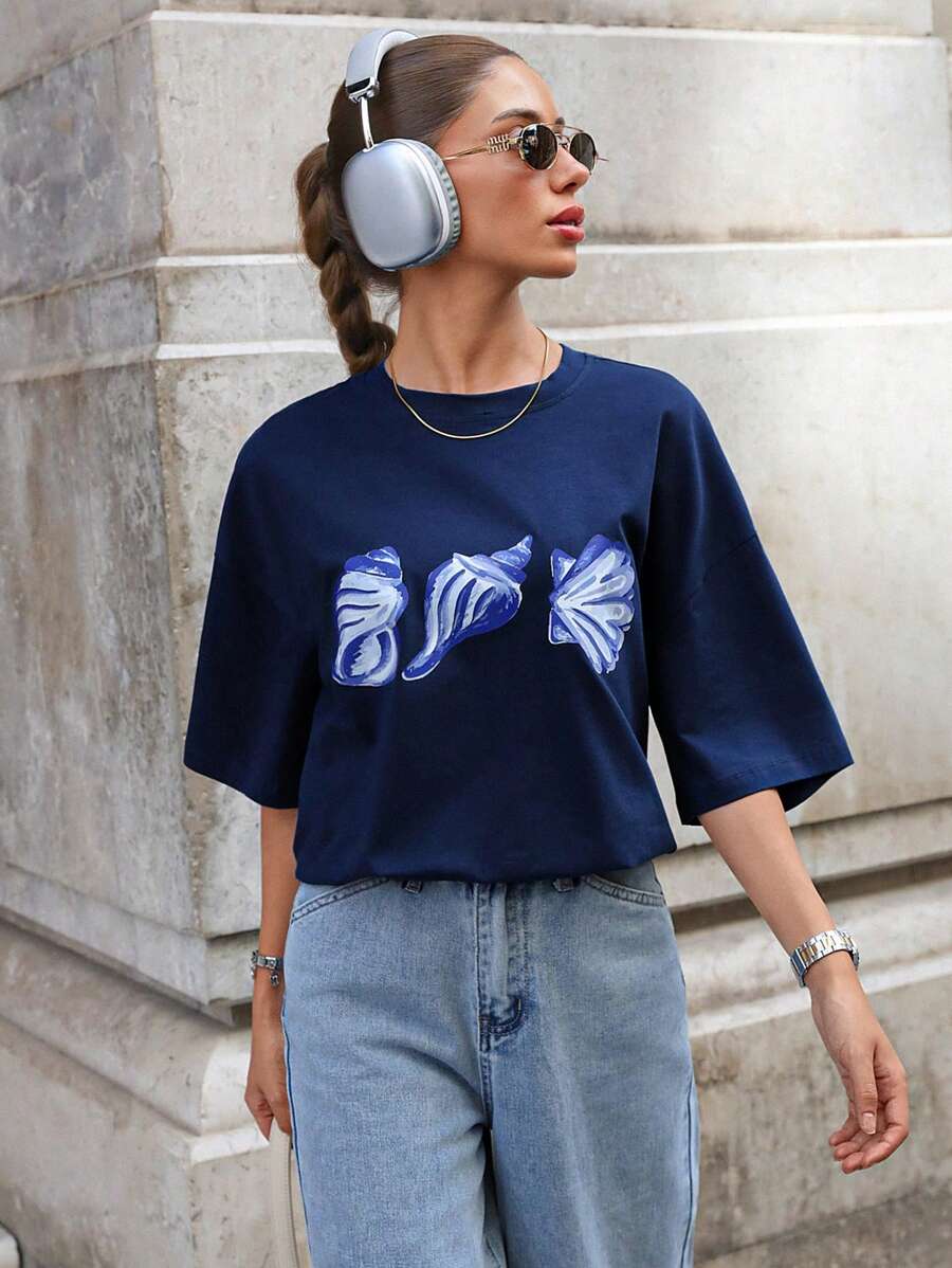 SHEIN Camisetas de manga corta con estampado detallado para mujer