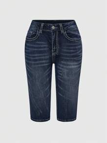 ROMWE Grunge Punk 女士花卉刺绣口袋修身牛仔短裤 - 藍色 - 查看 2