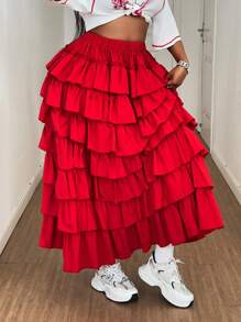 Maweii Plus Size Solid Color Pleated Multi-Layer Ruffle Skirt, Elegant & Sexy For Party - Red - View 1