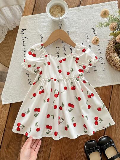 SHEIN LMoss Kids Vestido casual de verano suelto de manga corta con estampado de cerezas lindo para niña
