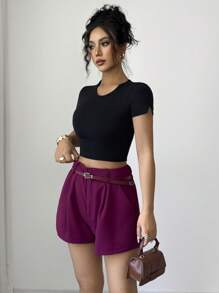 Elenzga Pantalones cortos casuales de mujer de pierna ancha a rayas con cintura elástica y cinturón