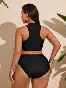 Slaydiva Bộ đồ bơi bikini cỡ lớn mới 2025, họa tiết cây dừa & chữ in, quần bơi cạp cao buộc dây, thon gọn, phong cách bãi biển, phù hợp với thị trường Châu Âu & Hoa Kỳ - màu đen - Xem 2