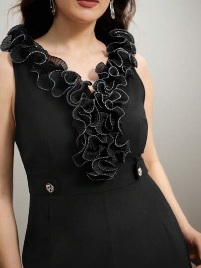 Flouryn Plus Size Women Elegant Silver-Black Sleeveless V-Neck Tank Top With Ruffle Hem, Metal Button Decorative Waist Long Jumpsuit