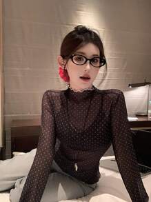 DAZY Casual Women's Polka Dot Long Sleeve T-Shirt, Korean Style, Summer,Fall Women Clothes - Black - View 6