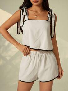 SHEIN PETITE Kadın İki Parça Kıyafetler, Kontrast Renkli Kenarlar, Fırfırlı Fiyonk Askılı Yelek Üst ve Bol Şort, Bol ve Rahat, Günlük Giyim İçin Uygun, İlkbahar/Yaz - Kayısı - Görünüm 4