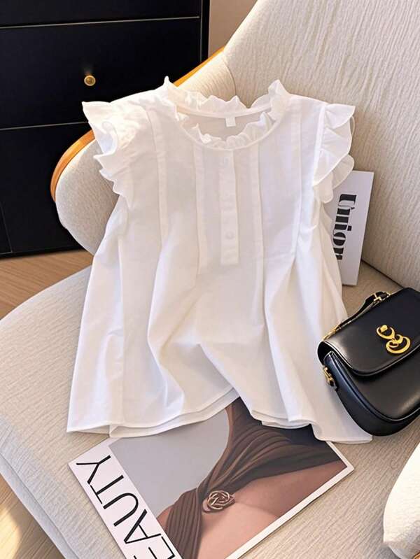 Franclia Women's Solid Color Cap Sleeve Round Neck Ruffle Hem Button Down Shirt