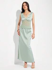 Roylia Elegant Satin Sleeveless V-Neck Top And Fish Tail Skirt Set - Green - View 3