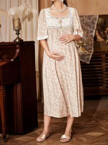 PalaceNights Camisón largo de maternidad holgado con cuello cuadrado, estampado floral vintage y volantes multicapa, ideal para vacaciones