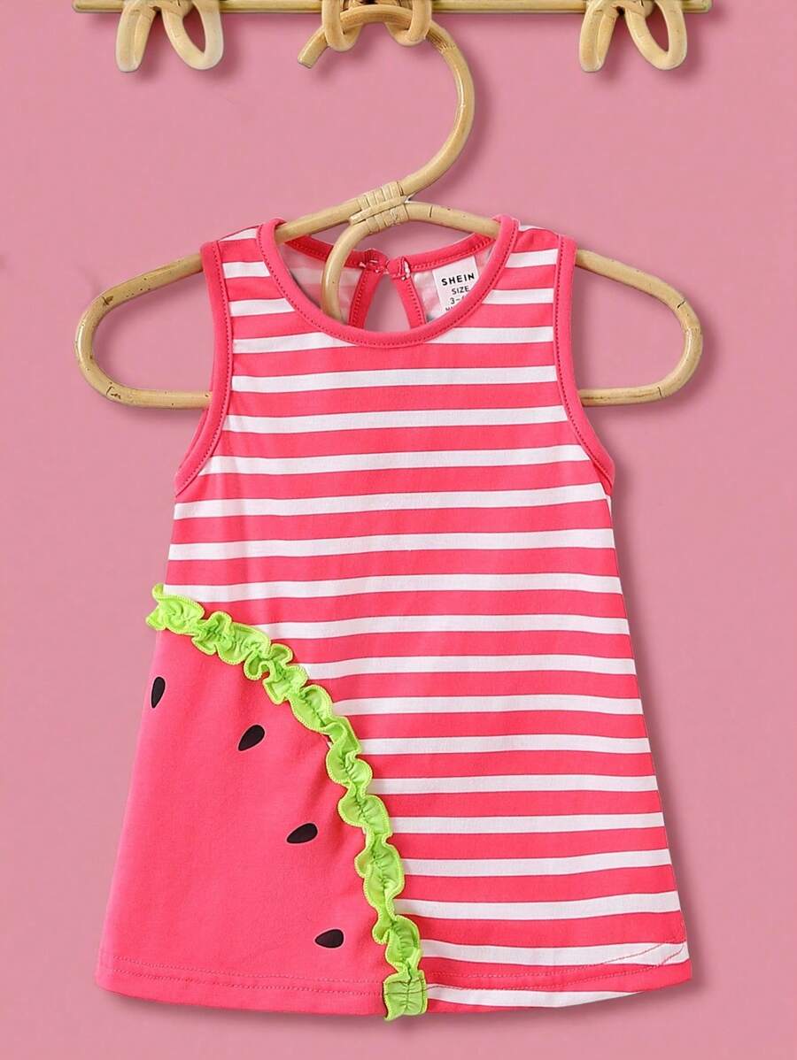 SHEIN Đứa bé gái Sọc In Tương phản Màu sắc Xù Hoa Sen Váy không tay - Màu Hồng Dưa hấu - Xem 1