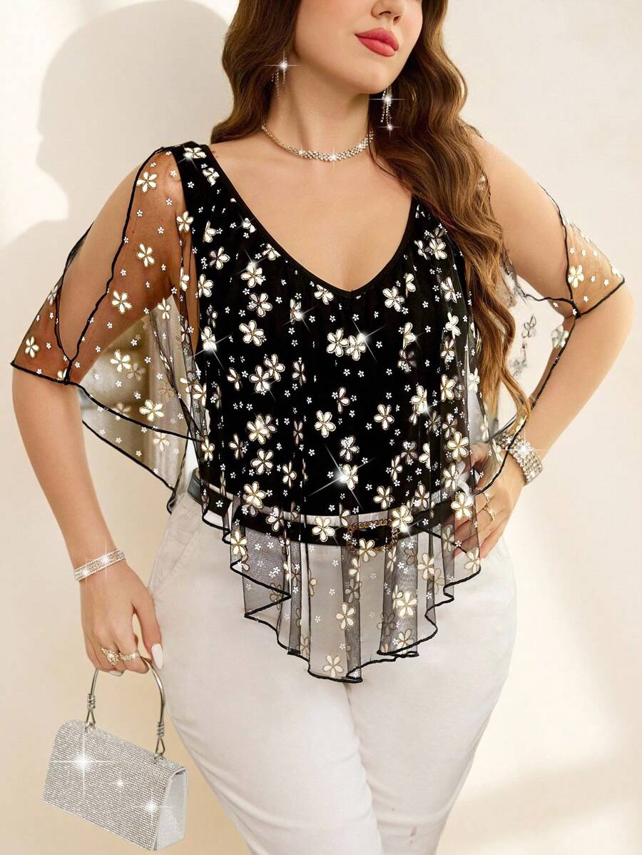 SHEIN Clasi قميص تي شيرت أنيق بطراز نقدي رجعي للعودة إلى المدرسة، مع رقعة زهرية، شبكي وتشطيب كشكش، طراز فرنسي فينتاج للسبعينات للعودة إلى المدرسة