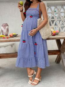SHEIN Vestido de embarazo estilo cuadros y cereza con cuello cuadrado y sin mangas, para verano