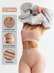 Dewbera Women's Solid Color Spaghetti Strap Fitted Top And Pants Sports Suit, Simple & Stylish Workout Women Sets - Dusty Pink - View 1