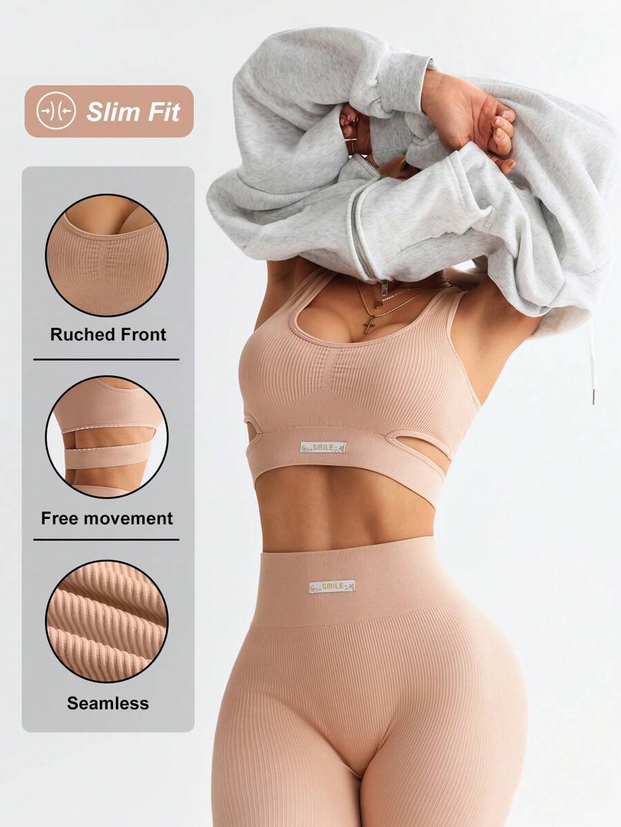 Dewbera Women's Solid Color Spaghetti Strap Fitted Top And Pants Sports Suit, Simple & Stylish Workout Women Sets - Dusty Pink - View 1