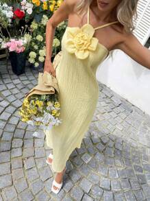 SHEIN LUNE Plus Size Women Solid Color 3D Floral Decor Elegant Halter Neck Dress  Yellow Dress Comfortable And Versatile - Yellow - View 3