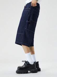 Chillumni 男士纯色时尚牛仔短裤，夏季 - 深色水洗藍 - 查看 4