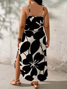 SHEIN LUNE Plus Size Minimalist Floral Silhouette Print Dress, Suitable For Summer,Sun Dresses For Women - Apricot - View 2