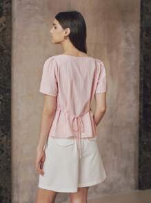Chiquease 女式简约复古法式方领短袖条纹短款棉麻衬衫，夏季 - 粉色 - 查看 3