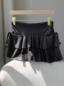 Comfortcana 女士休闲波点荷叶边迷你裙，夏季可爱短裙 - 灰色 - 查看 3