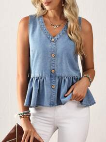 Breezaya Women's Casual Sleeveless Denim Tank Top With Ruffle Hem, For Summer