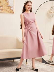 SHEIN Leap Crew Vestido largo elegante para adolescentes con cuello redondo, cintura fruncida y detalles cruzados laterales en unicolor para una cita - Rosa - Ver 5