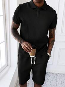 Manfinity Homme 2pcs/Set Men Solid Polo Shirt And Drawstring Shorts Set - Black - View 1