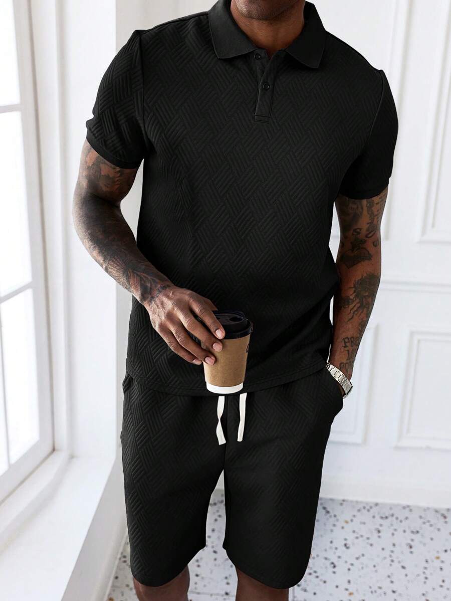 Manfinity Homme 2pcs/Set Men Solid Polo Shirt And Drawstring Shorts Set - Black - View 1