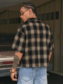 AXEPEAK Camisa de manga corta holgada con botones y estampado de letras a cuadros, ideal para el colegio y el uso urbano - Marrón Mocha - Ver 2