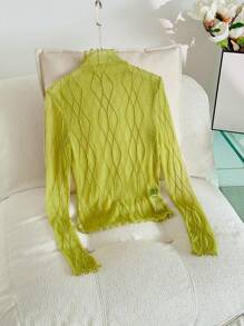 Modelyn Women Casual Solid Color Sheer Long Sleeve Blouse - Green - View 2