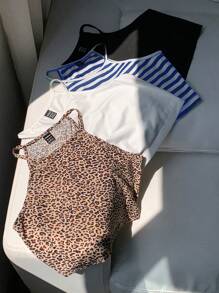 SHEIN EZwear 4 件套女士豹纹和条纹图案紧身休闲吊带背心，适合夏季 - 彩色 - 查看 4