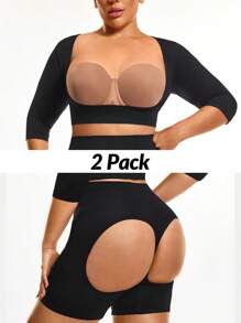 SHAPORA 2 Packs Plus Size Seamless Shapewear Set Tummy Waist Control Bust&Butt Lifter-1pc Shapewear Top Corset With Adjustable Closure+Cut-Out Mid Thigh Short -Tummy Waist Thigh Arm Control - Black - View 1