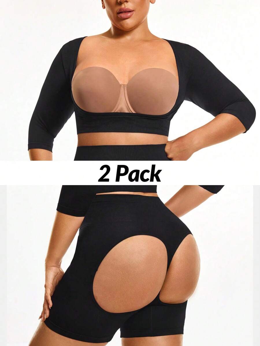 SHAPORA 2 Packs Plus Size Seamless Shapewear Set Tummy Waist Control Bust&Butt Lifter-1pc Shapewear Top Corset With Adjustable Closure+Cut-Out Mid Thigh Short -Tummy Waist Thigh Arm Control - Black - View 1