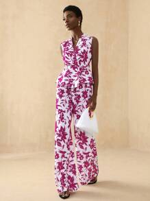 Vesra 2 件套女士春夏花卉印花无袖交叉 V 领上衣和长裤套装 - 紫色 - 查看 6