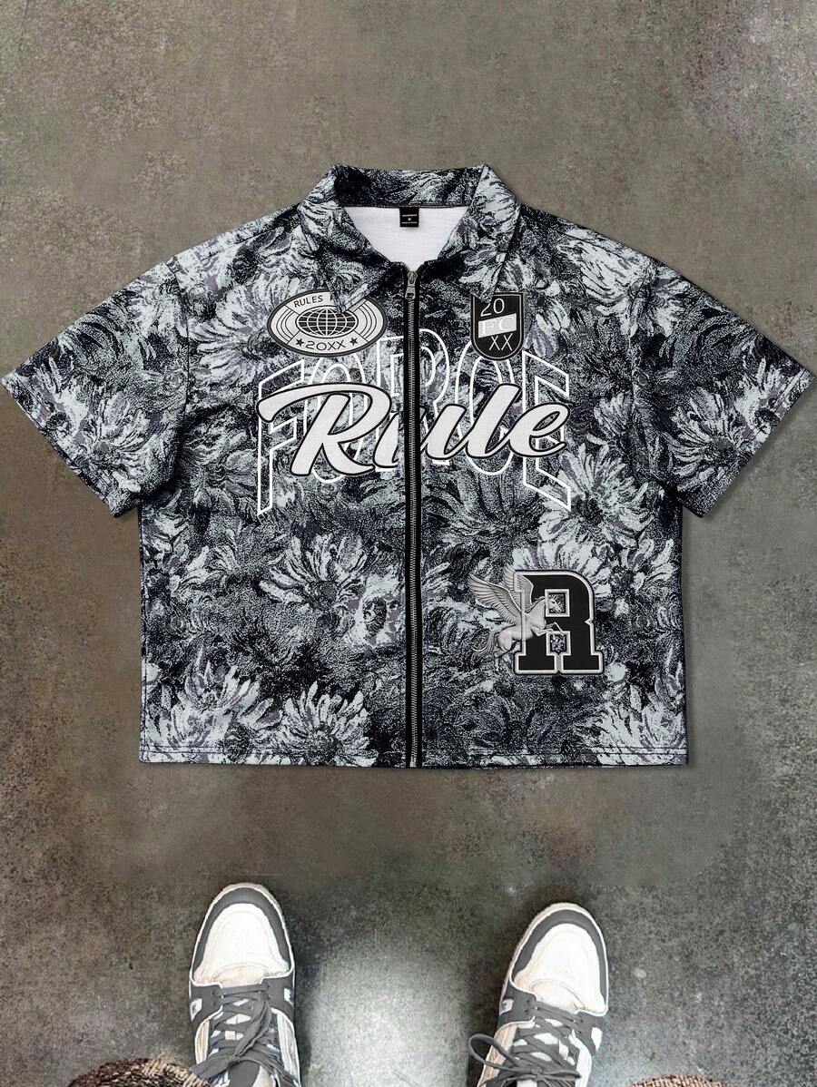 PAVTROS 男士蓝色向日葵字母印花拉链休闲衬衫 - 彩色 - 查看 1