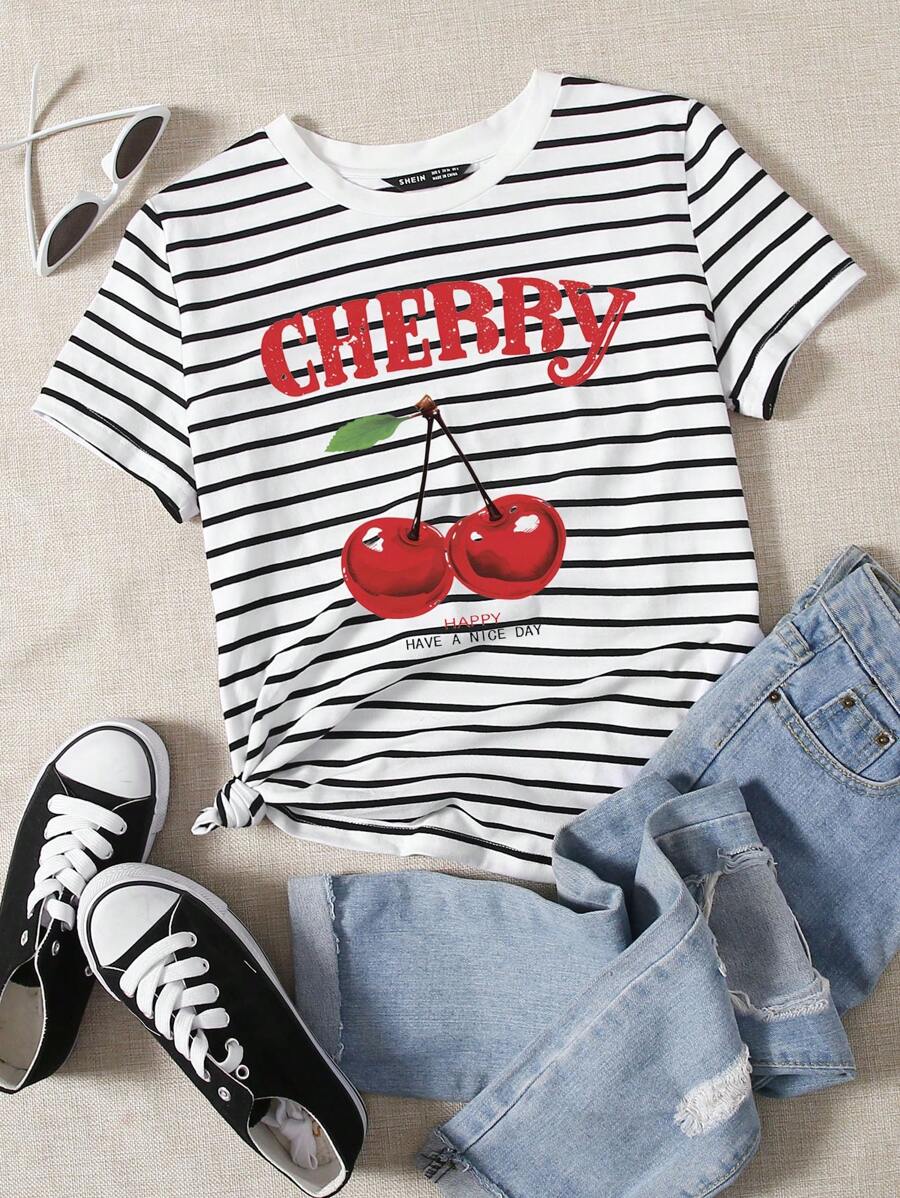 SHEIN EZwear Casual Minimal Striped Cherry Print Graphic Round Neck Loose Short Sleeve T-Shirt For Women, Summer Graphic Tees Suitable For Going Out - Multicolor - View 1