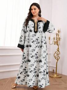 Al Najma 加大码传统阿拉伯长袍，V 领，白底黑色花卉印花，加大码长袖，朴素的卡夫坦 - 黑與白 - 查看 4