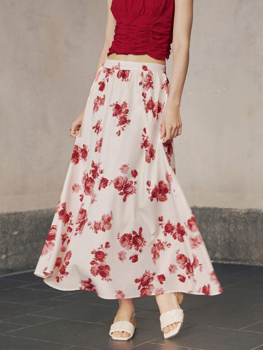 SHEIN Unity Rok A-Line Pinggang Tinggi Motif Bunga Gaya Liburan Kasual Wanita, Pakaian Musim Gugur untuk Wanita - Aprikot - View 1