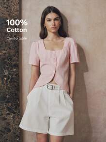 Chiquease 女式简约复古法式方领短袖条纹短款棉麻衬衫，夏季 - 粉色 - 查看 2