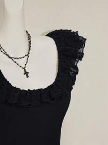SHEIN ICON Damen Schwarzes vintage Rüschen Polka Punkt Mesh V-Ausschnitt Basic Lässig Trägerhemd - Schwarz - Übersicht 9