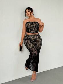 Firerie Plus Size Casual Elegant Vacation Beach Romantic Elastic Lace Patchwork Contrast Color Lining Tube Top And Skirt Set, Spring/Summer